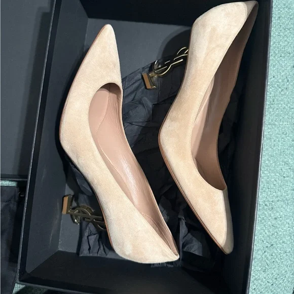 Saint Laurent Tan Suede Heels with Metallic Gold Detail - Picture 8 of 10